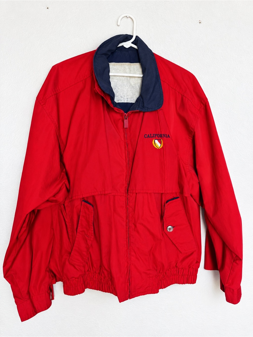 Vintage California Red Mens' Windbreaker Jacket with Navy Trim